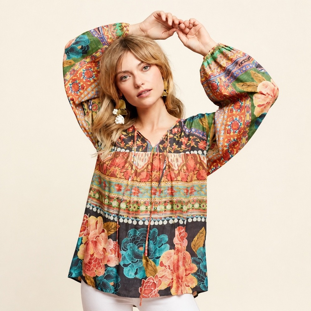 Farm Rio Blouse XS Multicolor Floral Mixed Print Balloon Mendoza Peasant Blouse
